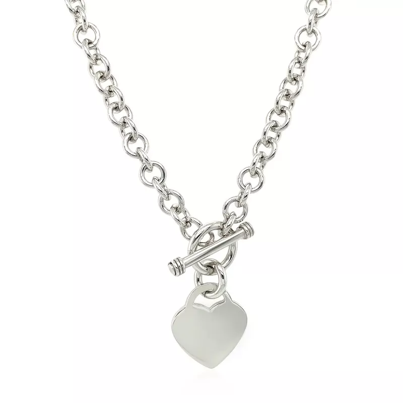 Sterling Silver Rhodium Plated Rolo Chain Necklace with a Heart Toggle Charm (18 Inch)