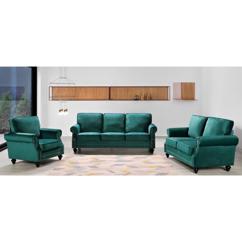 Ramos Nailhead Velvet 3-Piece Set-Loveseat Sofa and Chair - Beige