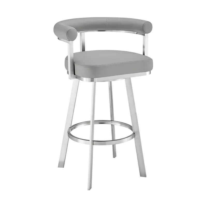 Nolagam Swivel Counter Stool in Brushed Stainless Steel with Light Grey Faux Leather