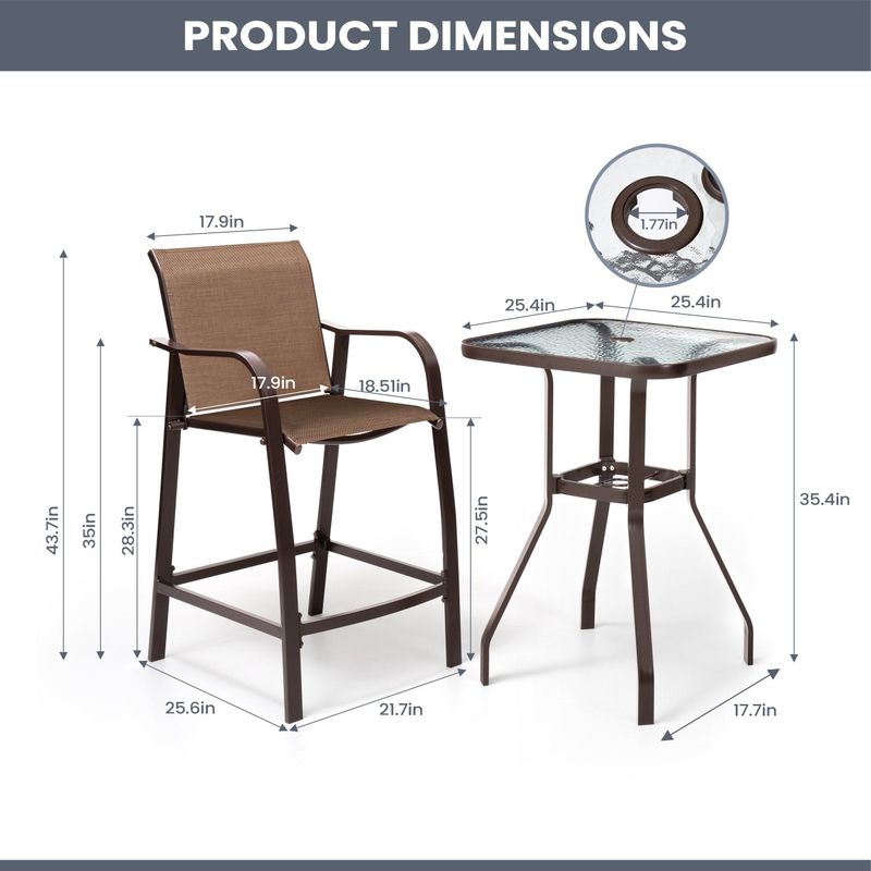 3 Piece Outdoor Patio Aluminum Bistro Furniture Set, Bar Table with Market Umbrella Hole - Brown