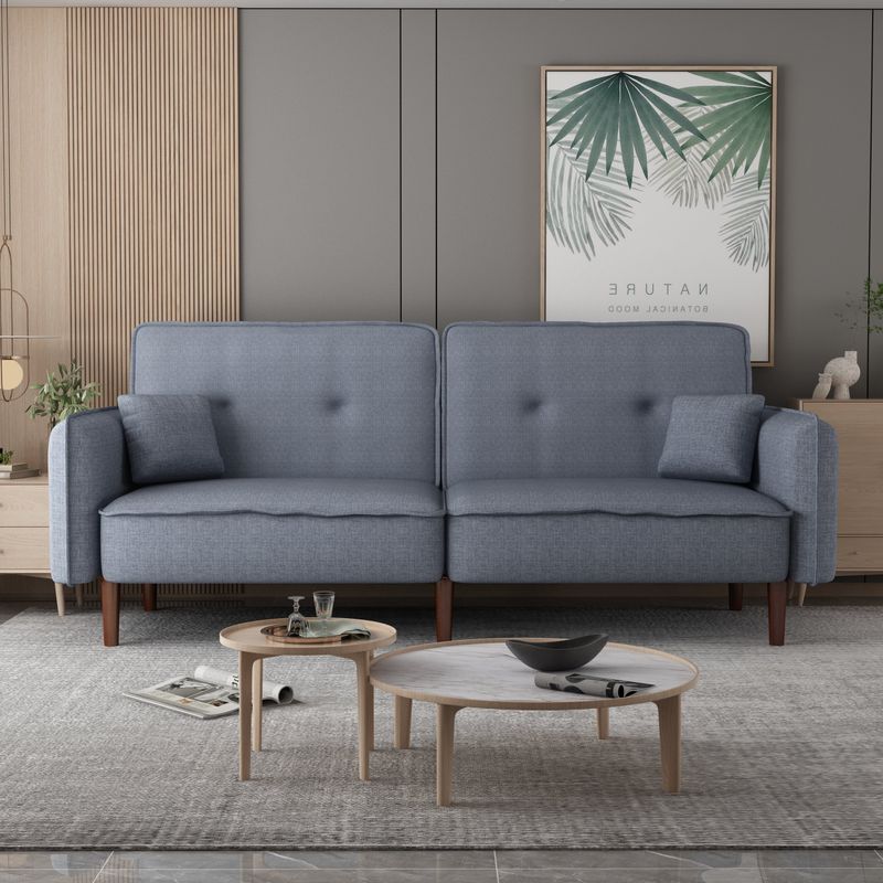 Convertible Futon Sofa Bed with Solid Wood Legs in Cotton Linen Fabric - Blue