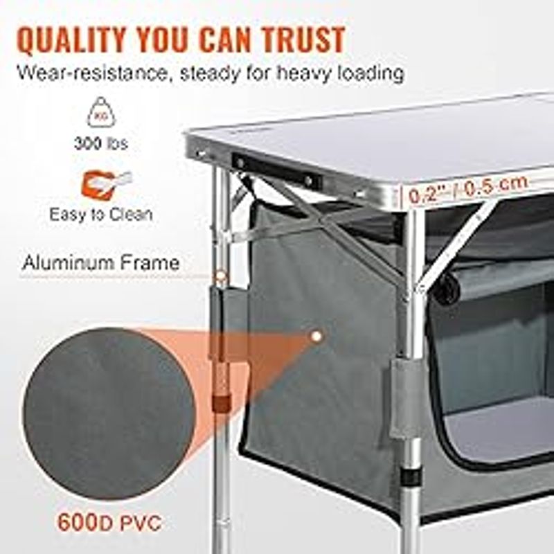 VEVOR Camping Kitchen Table, 3 Adjustable Height Aluminum Portable Folding Camp Cooking Station with Storage Organizer & Carrying Bag,...