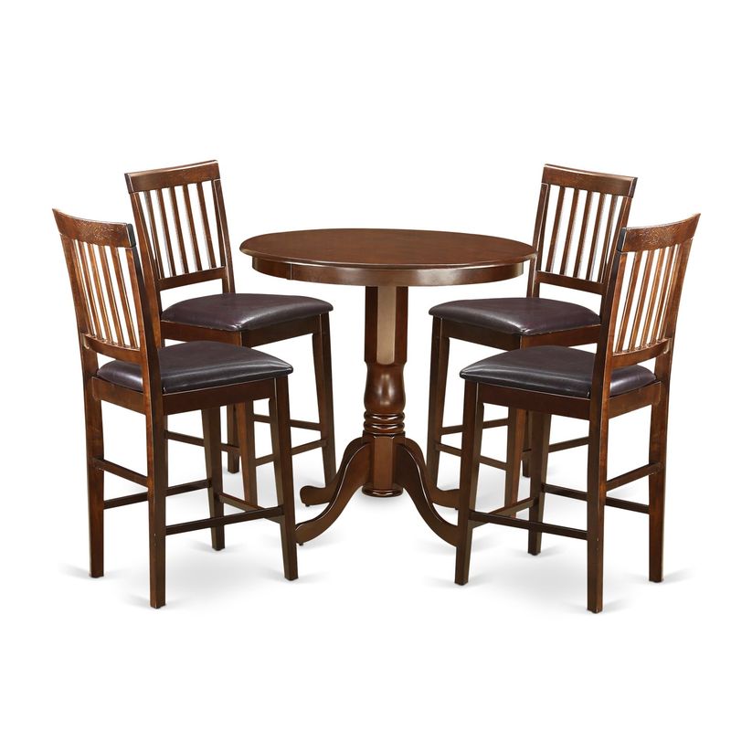 JAVN5-MAH Mahogany Rubberwood Five-piece Pub Table Set Including Table and Four Chairs - Faux Leather