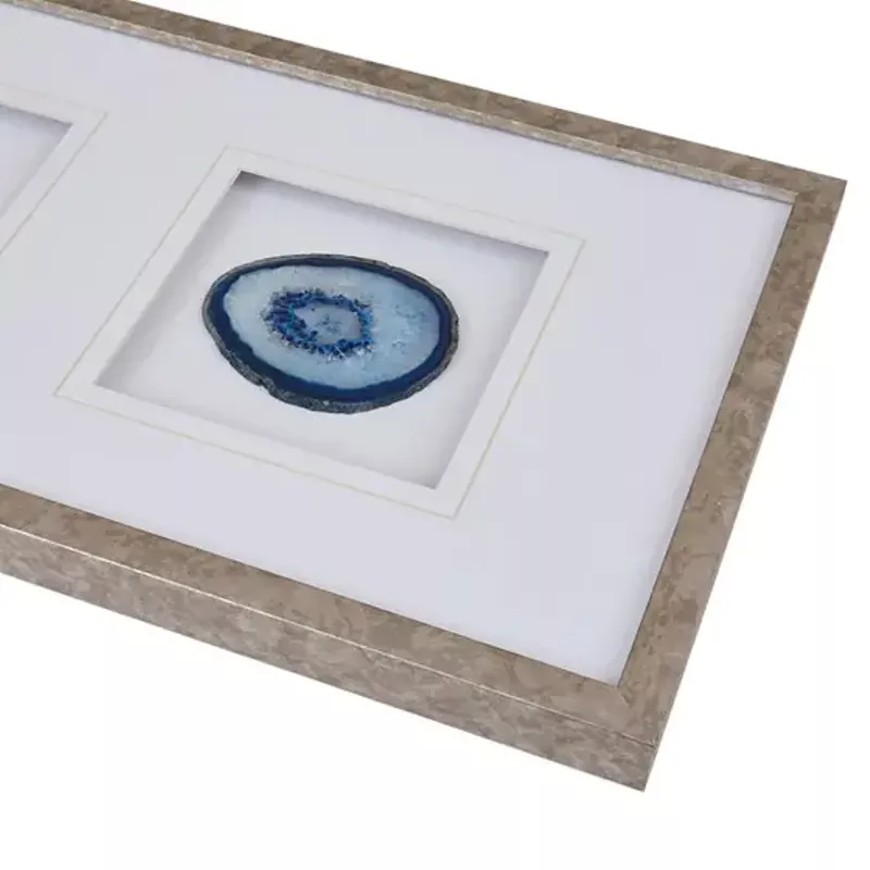 Blue Agate Trio Real Stone Framed Glass and Double Matted Wall Art