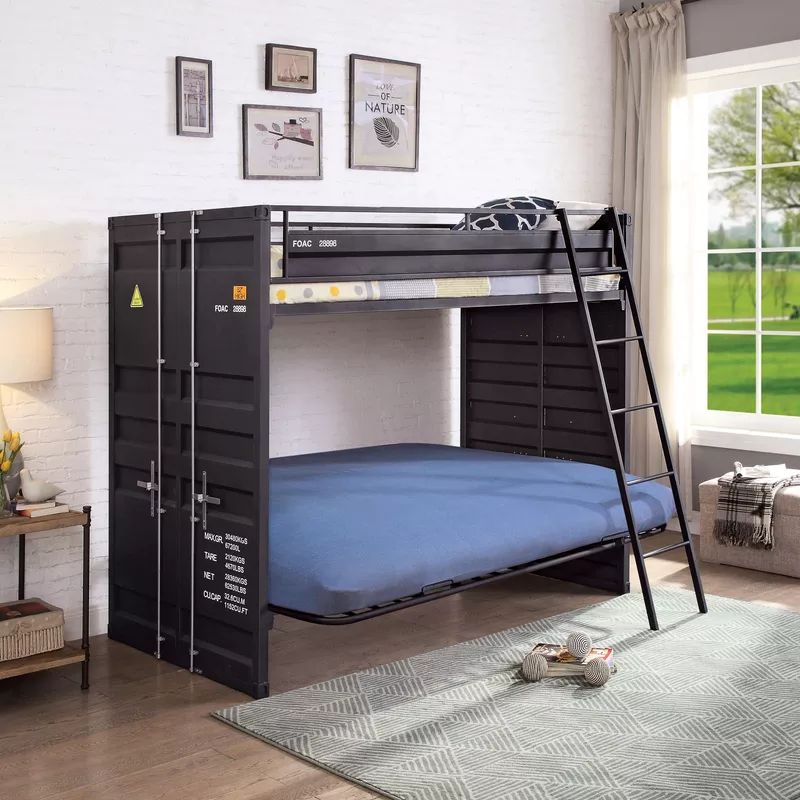 Industrial Black Twin Metal Bunk Bed with Futon Base