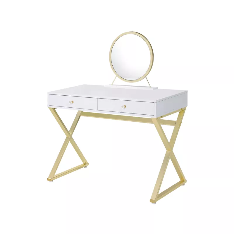 ACME Coleen Vanity Desk w/Mirror & Jewelry Tray, White & Gold Finish