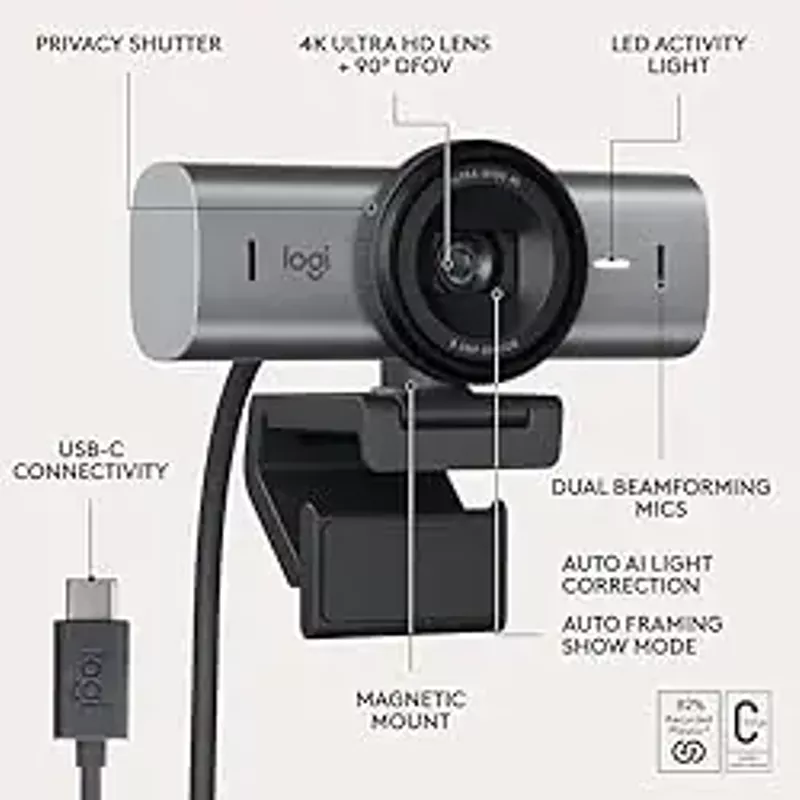 Logitech MX Brio 705 for Business 4K Webcam with Auto Light Correction, Ultra HD, Auto-Framing, Show Mode, USB-C, Works with Microsoft Teams, Zoom, Google Meet - Graphite