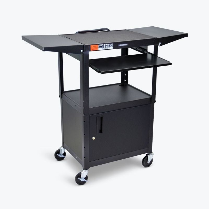 Adjustable Metal Cart w/ Keyboard Tray, Cabinet & Drop Leaf Shelves - Black