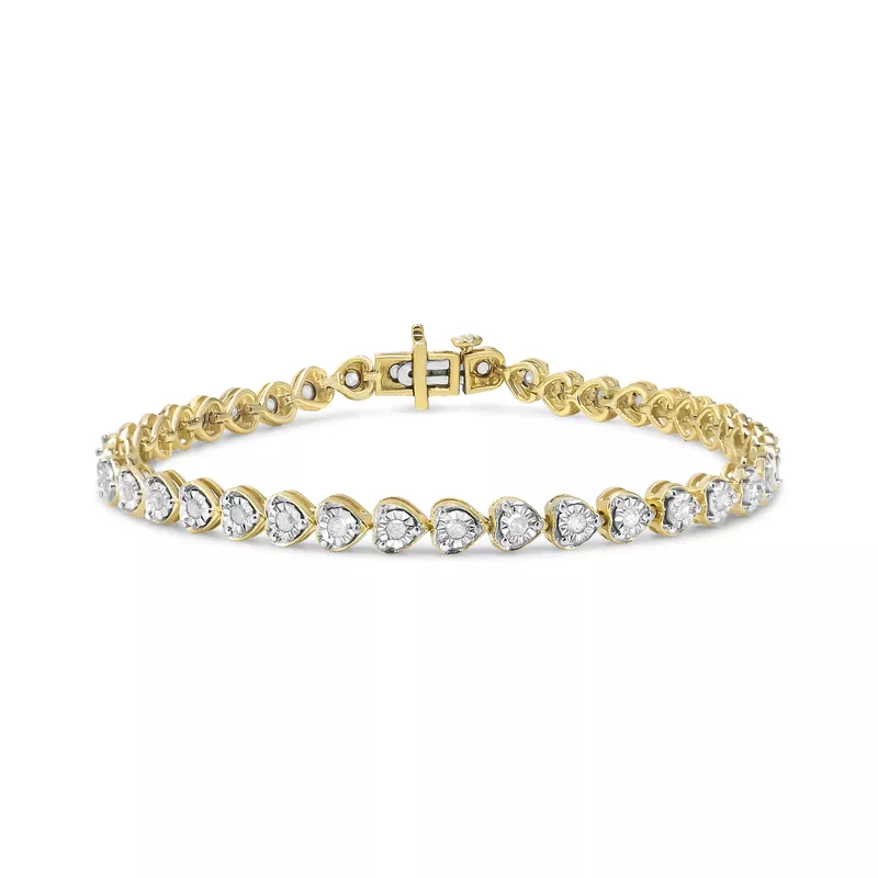 10K Yellow Gold Plated .925 Sterling Silver 1.0 Cttw Miracle Set Diamond Heart-Link 7" Tennis Bracelet (I-J Color, I2-I3 Clarity)