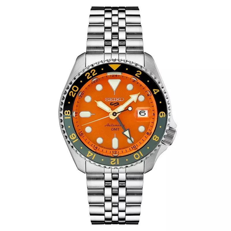 Seiko - Mens Seiko 5 Sport SKX GMT Series Silver-Tone Watch Orange Dial