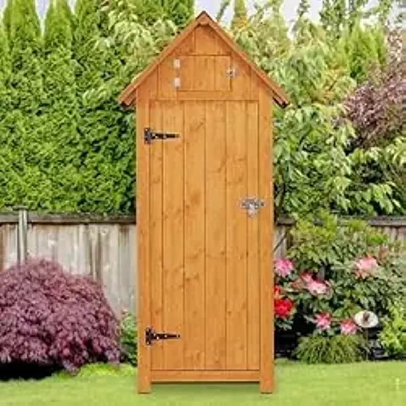 FairOnly Outdoor Shed Storage Cabinet, Garden Wooden Sheds, Outside Storage Cabinet Weather Proof with Floor, Fir Wood Tool Organizer with Door and Shelves for Backyard, Hallway (Natural)