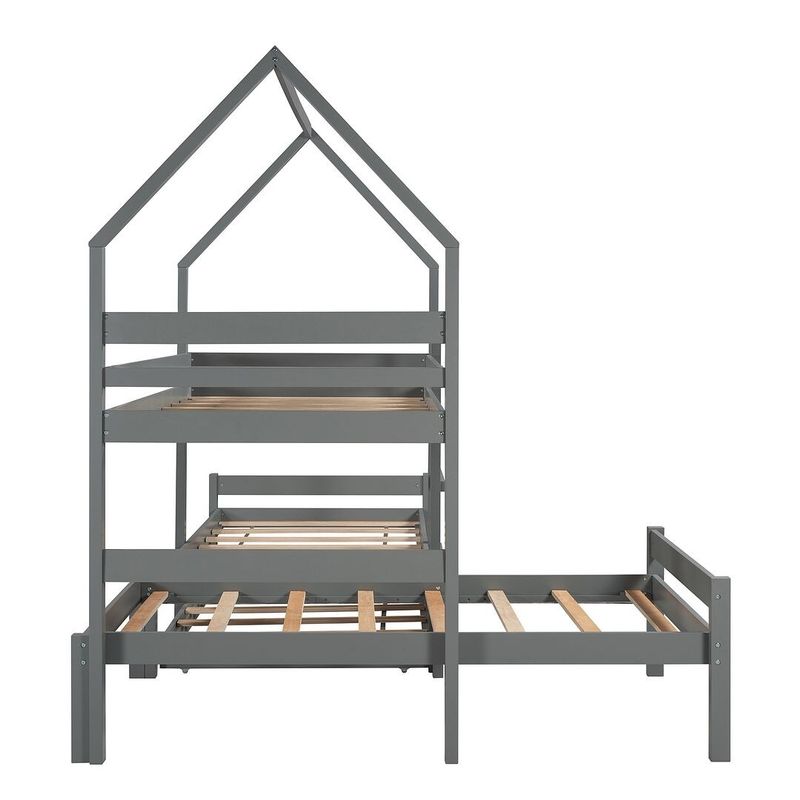 Twin Triple Bed Bunk bed with Trundle, Wooden House Bed with Twin size - Brown