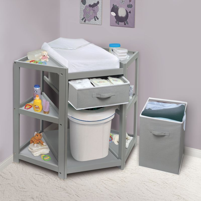 Diaper Corner Baby Changing Table with Hamper and Basket - Gray with White Basket/Hamper