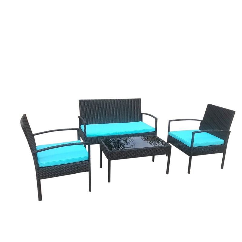 4 PCS Patio Rattan Conversation Chair Set and Rattan Table - Blue