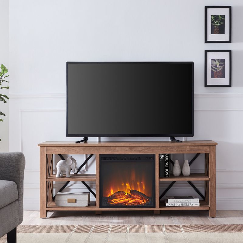 Sawyer TV Stand with Log Fireplace Insert - White Oak