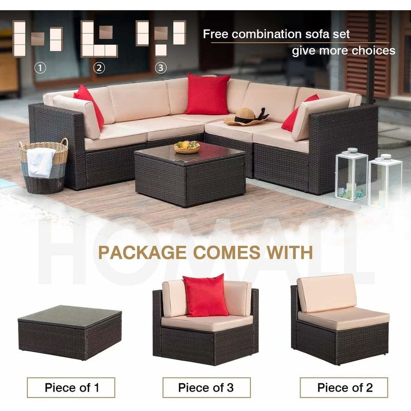 Homall 6 Pieces Patio Furniture Sets Outdoor Sectional Sofa All Weather PE Rattan Patio Conversation Set Manual Wicker Couch - Red