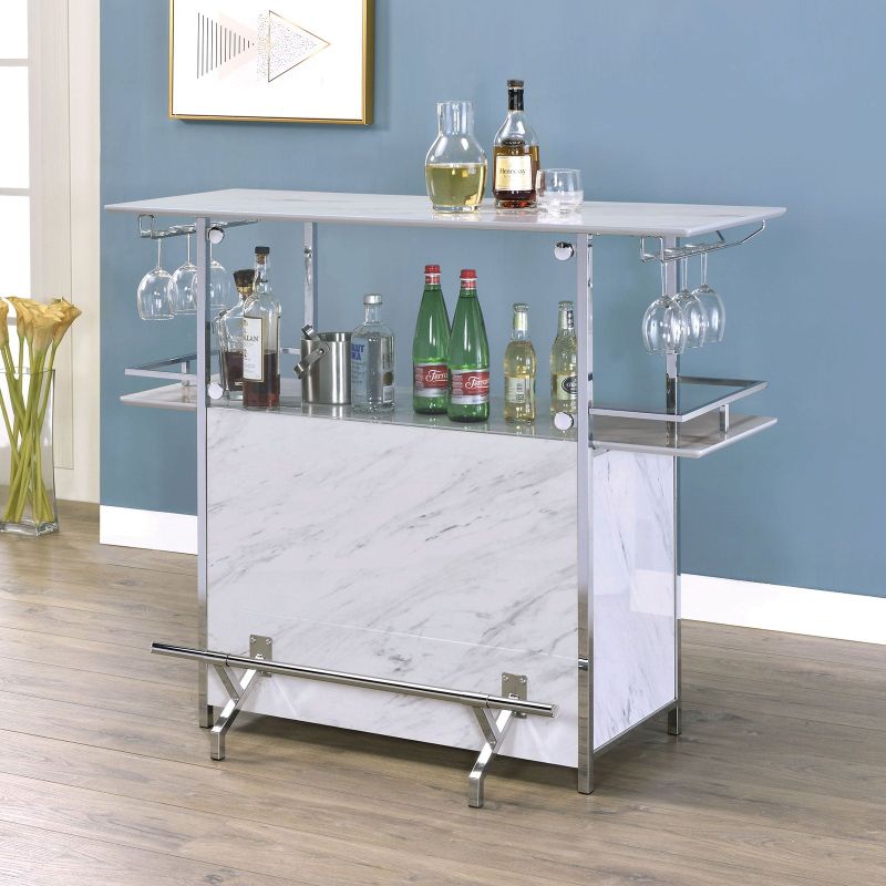 Faux Marble Bar Table With Glass Holder, White and Chrome - White and Chrome