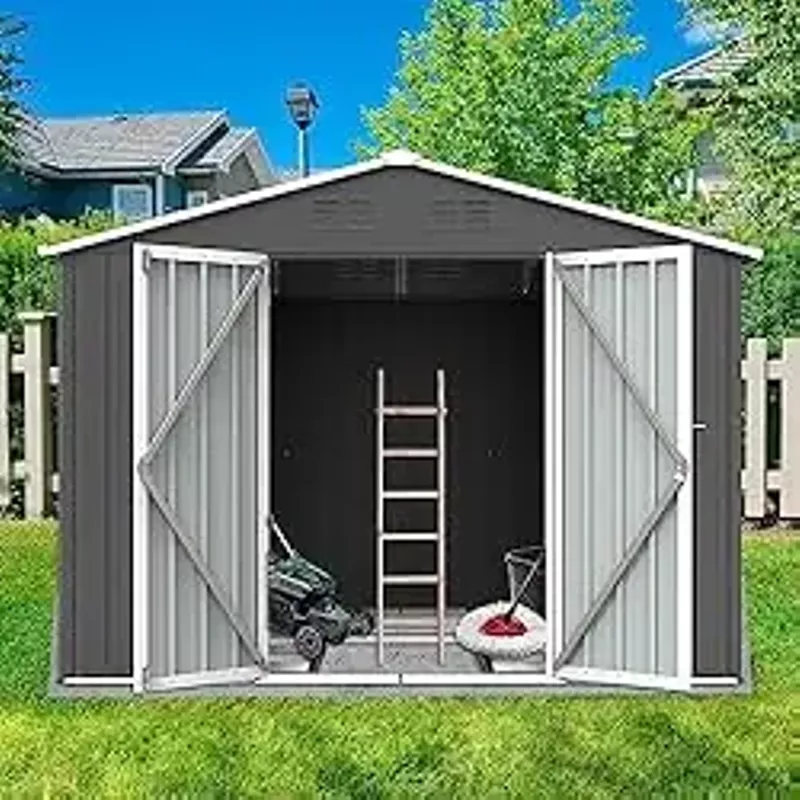 Zevemomo 8 x 6 ft Outdoor Storage Shed, All Weather Metal Sheds with Metal Foundation & 2 Lockable Doors, Tool Shed for Garden, Backyard, Lawn, Grey