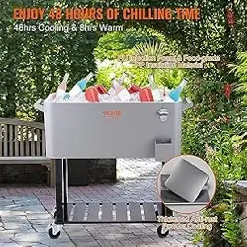VEVOR Rolling Ice Chest Cooler Cart 80 Quart, Portable Bar Drink Cooler, Beverage Bar Stand Up Cooler with Wheels, Handles for Patio, Bottle Opener, Backyard, Party and Pool,Silver