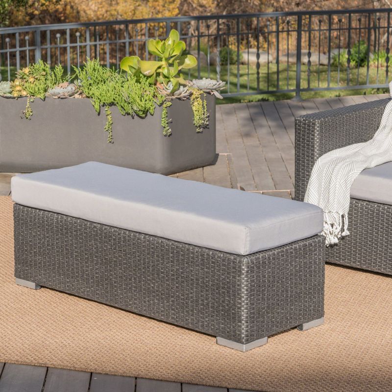 Santa Rosa Outdoor Wicker Bench with Cushion by Christopher Knight Home - Grey + Silver