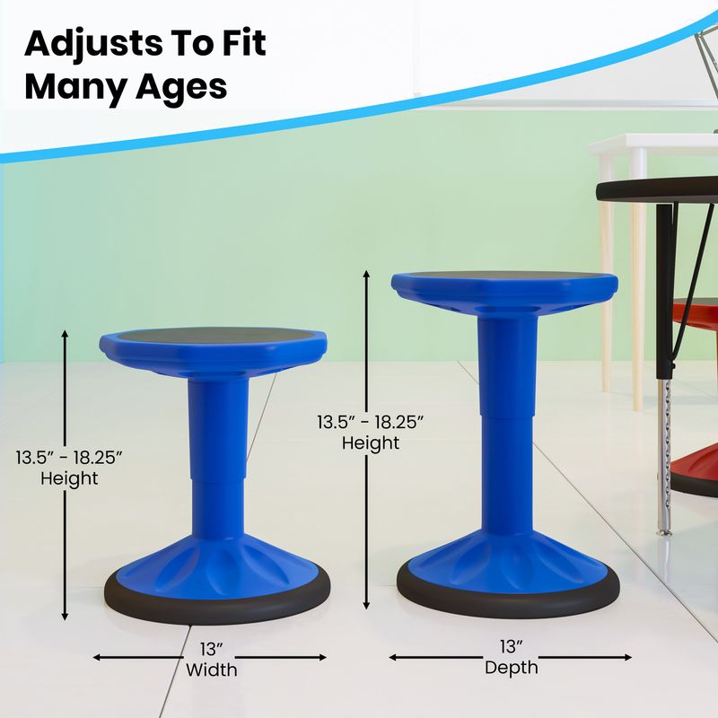 Kids Adjustable Height Active Learning Stool for Classroom and Home - 13"W x 13"D x 13.5" - 18.25"H - Green