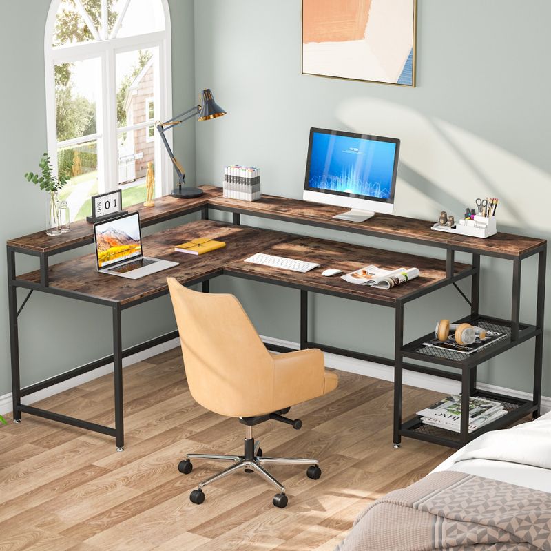 Industrial L-Shaped Desk with Storage Shelves, Corner Computer Desk PC Laptop Study Table Workstation - Grey