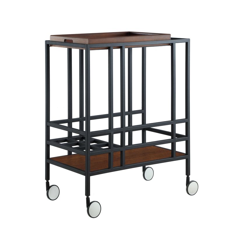Ronald Serving Bar Cart, Removable Tray/ Wine Bottle Storage/ Casters - Gold/ Walnut