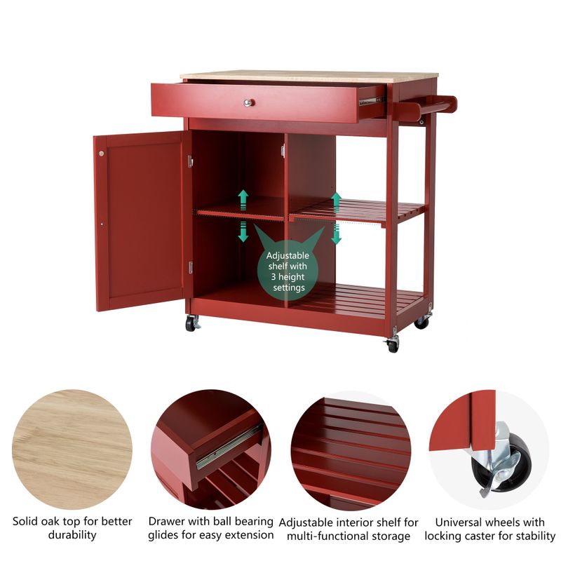 Glitzhome 35"H Modern Kitchen Island Cart with Rubber Wooden Top - Red