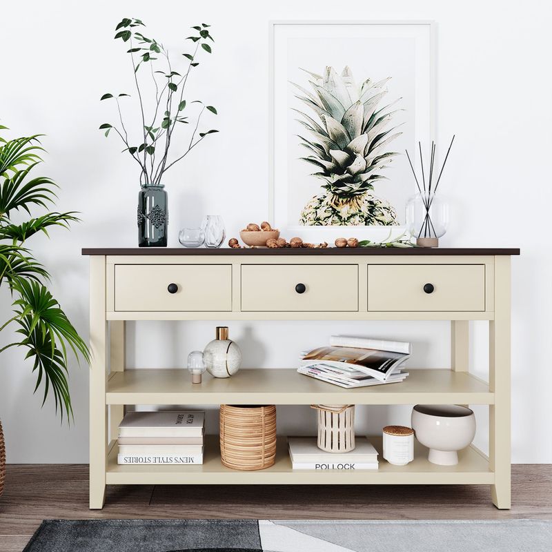 Nestfair Solid Wood Console Table with Three Top Drawers and Two Open Shelves - Beige