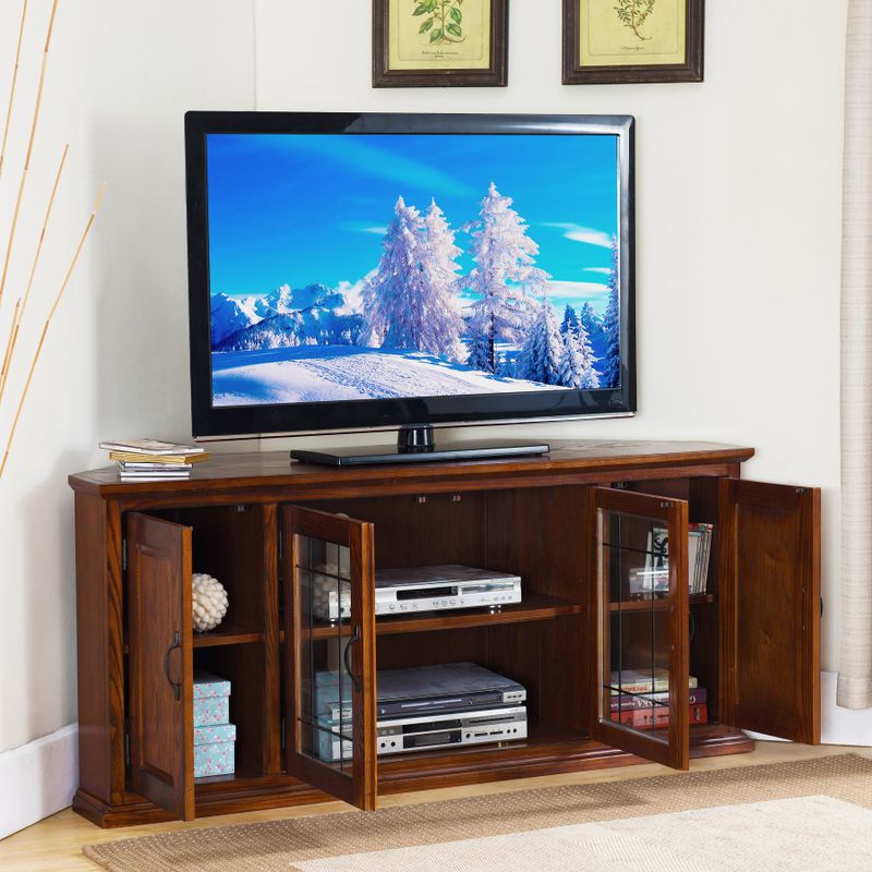 Burnished Oak-finish Wood and Leaded Glass 56-inch Corner TV Stand