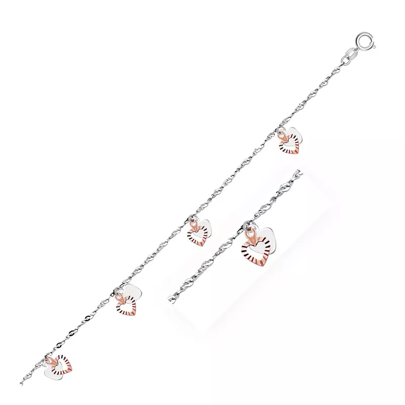 14k White and Rose Gold Anklet with Dual Heart Charms (10 Inch)