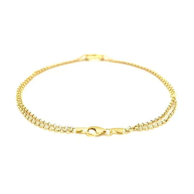 14k Yellow Gold Double Rolo Chain Anklet with an Open Heart Station (10 Inch)