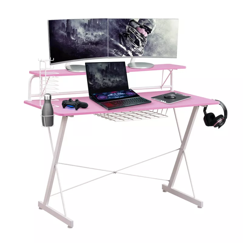 Carbon Computer Gaming Desk with Shelving, Pink