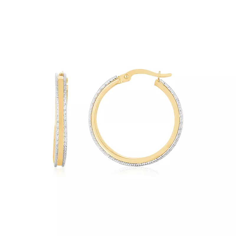 14K Two Tone Gold Diamond Cut Round Hoop Earrings