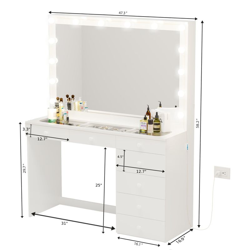 Boahaus Serena Lighted Vanity with Glass Top (White) - White-Gold Knobs