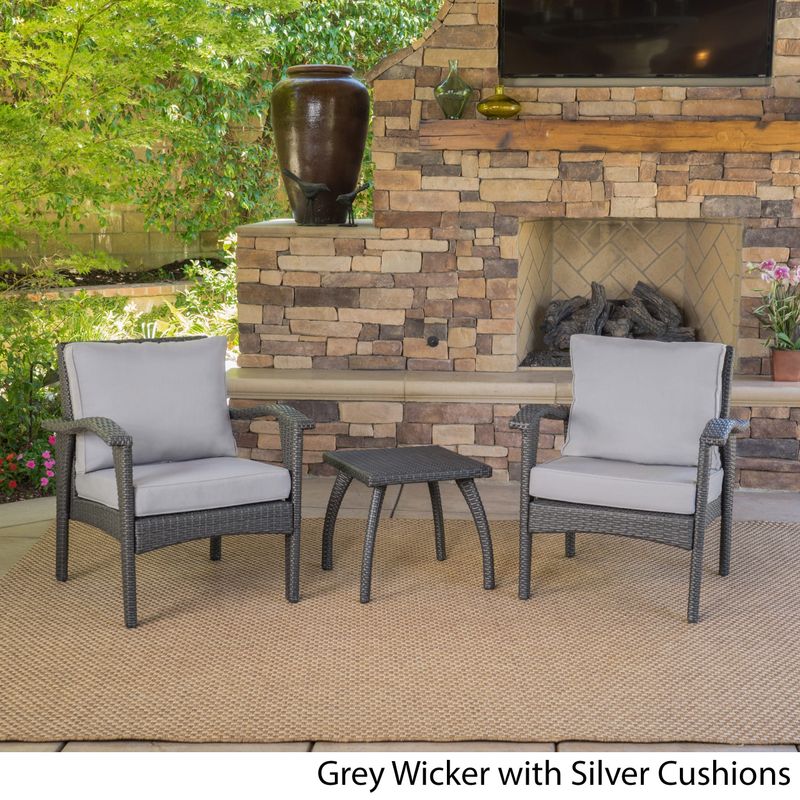 Honolulu Outdoor 3-piece Wicker Chat Set with Cushions by Christopher Knight Home - Grey with Light Grey