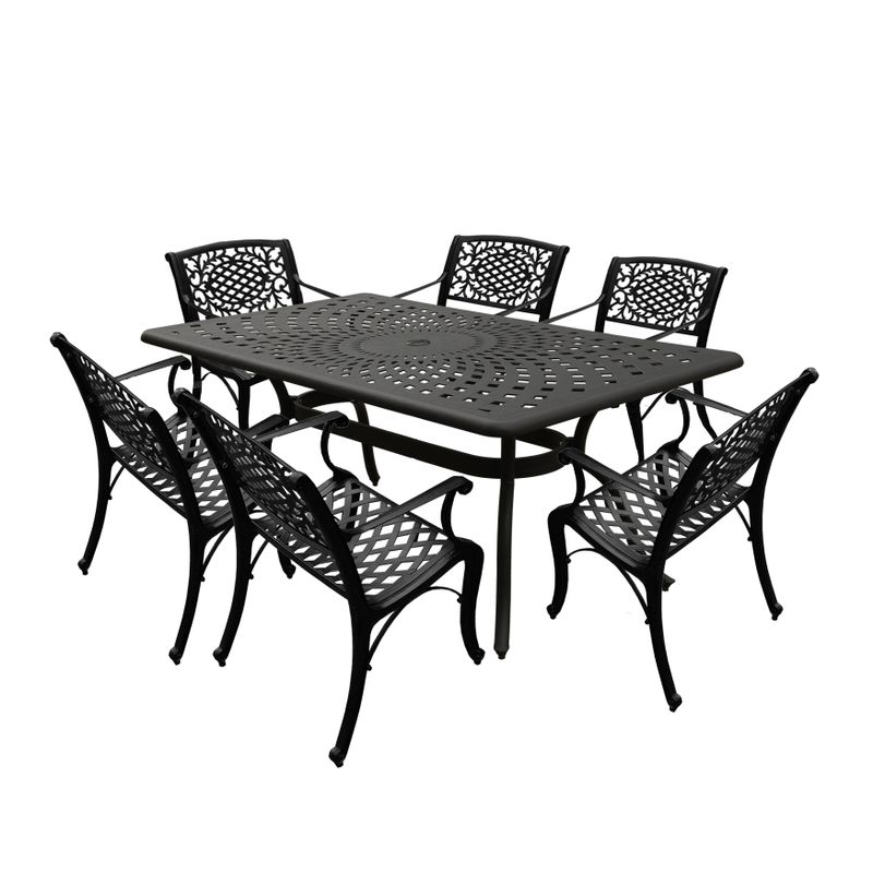 Modern Ornate Outdoor Mesh Aluminum 67-in Rectangular Patio Dining Set with Six Chairs - Black