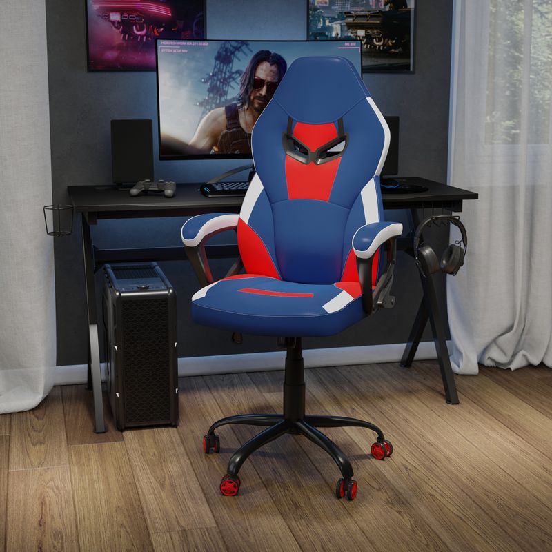 Ergonomic Designer Computer Gaming Chair for Home or Office - 24.75"W x 27"D x 44" - 48"H - 24.75"W x 27"D x 44" - 48"H - Blue/Red