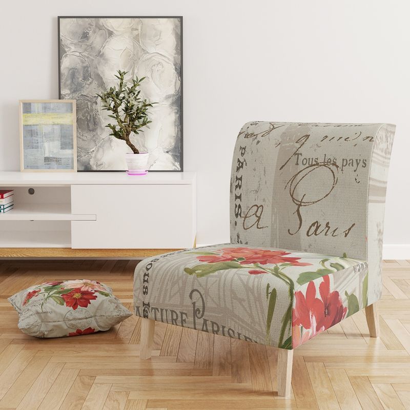 Designart 'Red Painted Flowers On VIntage Postcard II' Upholstered Farmhouse Accent Chair - Slipper Chair