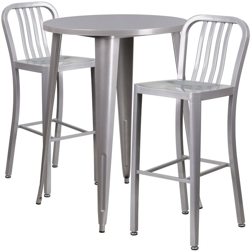 30'' Round Metal Indoor-Outdoor Bar Table Set with 2 Vertical Slat Back Stools - 30"W x 30"D x 41"H - Blue