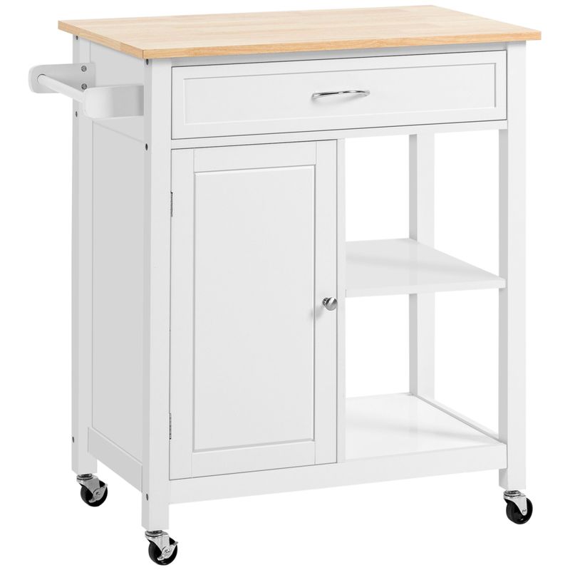 HOMCOM Kitchen Trolley, Wood Top Utility Cart on Wheels with Open Shelf and Storage Drawer for Dining Room, Kitchen - Grey