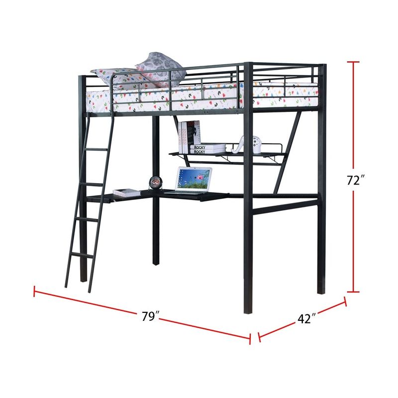 Metal Twin Loft Bed with Desk in Silver and Black - Silver and Black - Twin