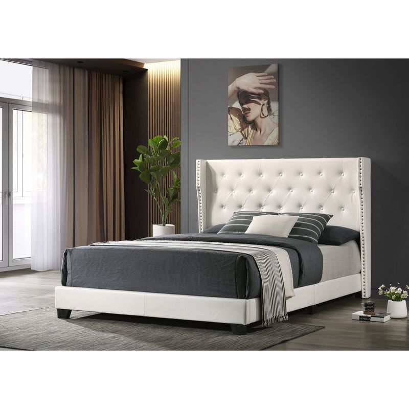 Best Quality Furniture Upholstered Panel Bed Tufted with Side Studs - White - King