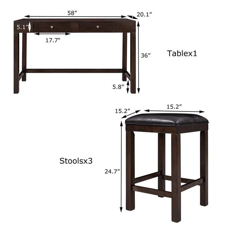 4-Piece Counter Height Table Set with Socket and Leather Padded Stools - Espresso