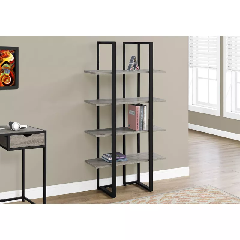 Bookshelf/ Bookcase/ Etagere/ 4 Tier/ 60"H/ Office/ Bedroom/ Metal/ Laminate/ Brown/ Black/ Contemporary/ Modern