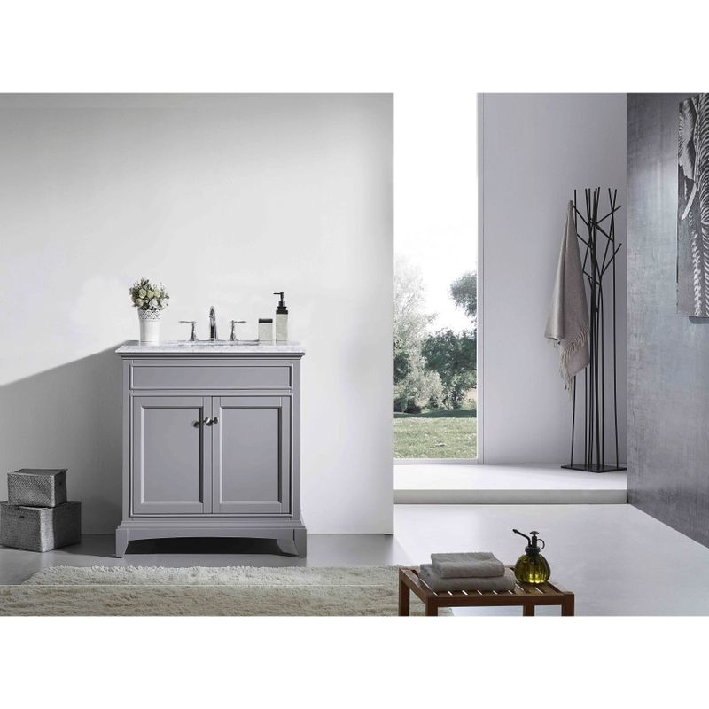 Eviva Elite Stamford 36" Gray Bathroom Vanity w/ Double Ogee Edge White Carrara Top - 2 Shelves - Over 34 Inches - No Drawers - Single...