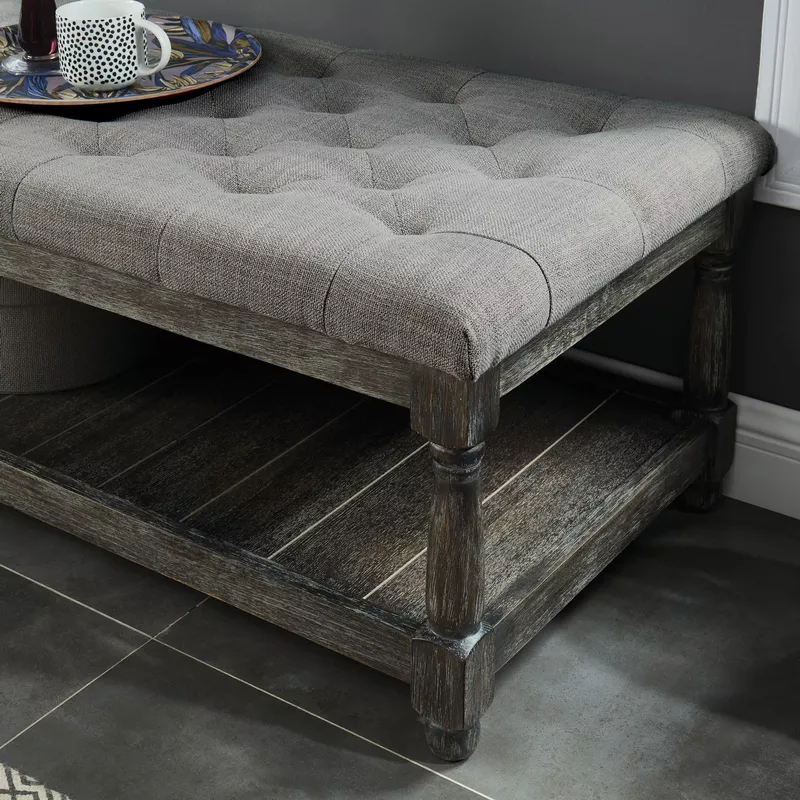 Rustic Wood Tufted 1-Open Shelf Bench in Gray