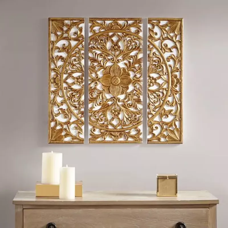 Gold Medallion Triptych 3-piece Dimensional Resin Canvas Wall Art Set