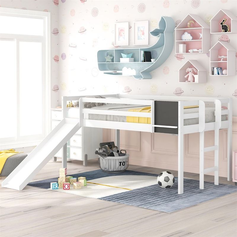 Merax Wood Loft Bed with Slide, Stair and Chalkboard - Grey - Twin