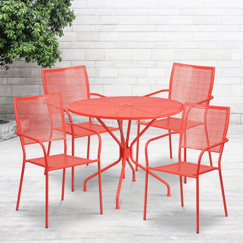 35.25'' Round Indoor-Outdoor Steel Patio Table Set with 4 Square Back Chairs - Black